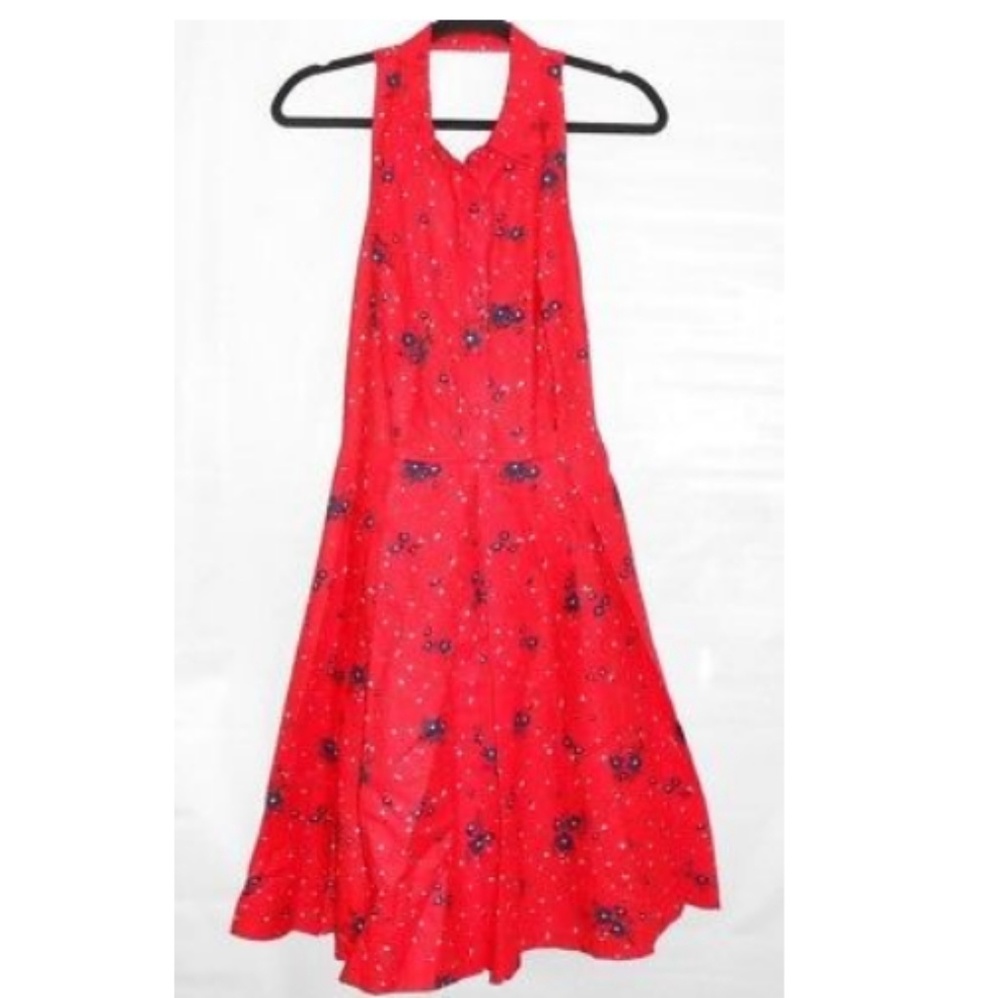Eva Franco Red Blue Floral Halter Neck Dress